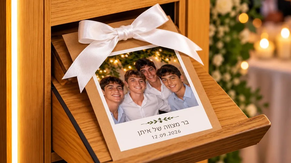 מגנט עם פפיון וכיתוב בר מצווה של איתן ותאריך