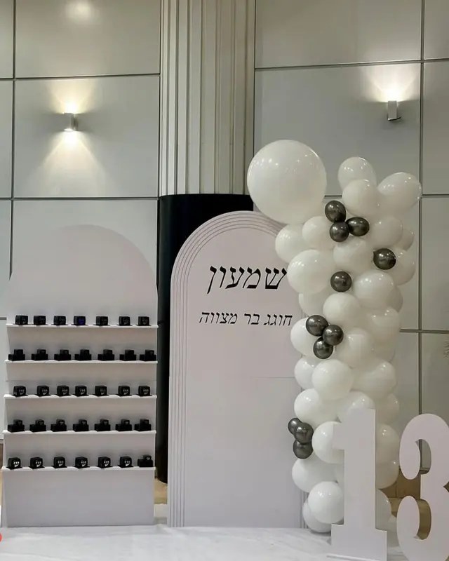 קיר צילום לבר מצווה עם קשת לבנה, שם החוגג, מספר 13 ובלונים לבנים ואפורים