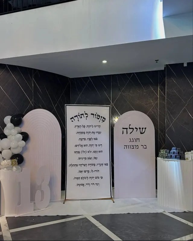 קיר צילום עם שתי קשתות, שלט מזמור לתודה, מספר 13 ובלונים בשחור ולבן